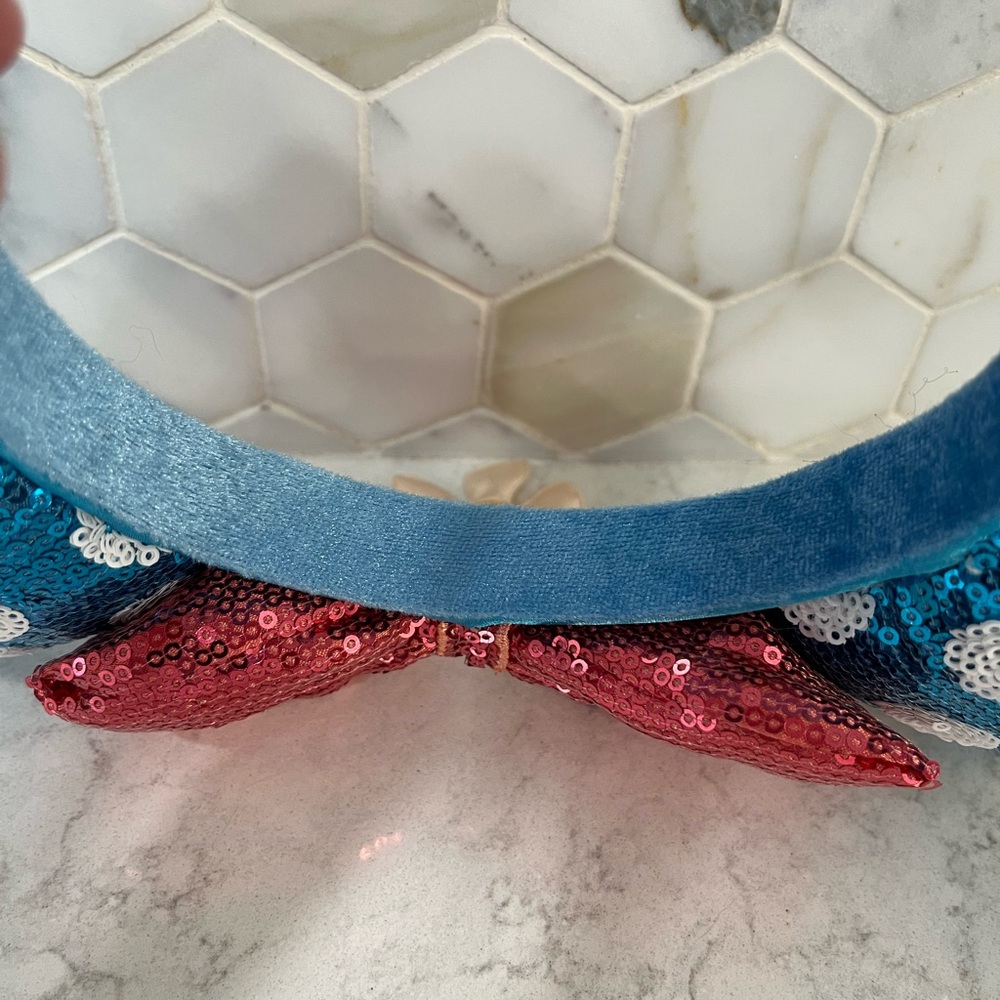 Disney Parks Classic Minnie Ear Sequin Headband Blue Polka Dot Red Bow and Daisy - Picture 15 of 16